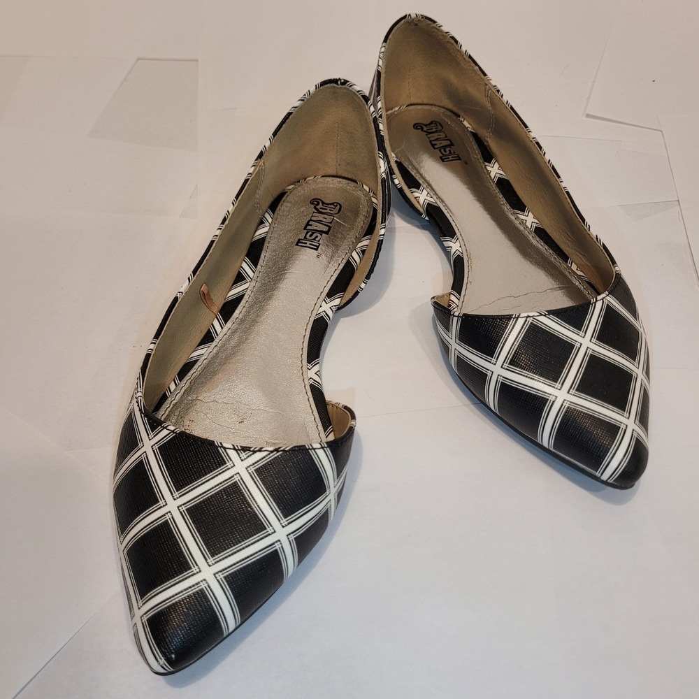 Brash Womens Black White Grid Plaid Pointed Toe d'Orsay Flats Size 7